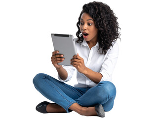 Naklejka premium Playful Business Woman Taking Selfie with Tablet, Smiling and Winking, Isolated on Transparent Background