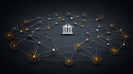 Abstract digital network banking system with decentralized finance nodes and connections on dark background