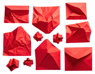 A collection of vibrant red paper folded and crumpled into diverse shapes