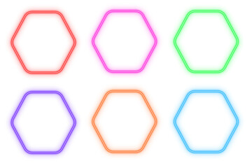 Hexagon square outline neon light frame, set of colorful shaped object elements isolated on white background	