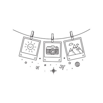 Hand-drawn travel photos hanging on a clothesline, vintage memory doodle illustration.
