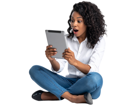 Playful Business Woman Taking Selfie with Tablet, Smiling and Winking, Isolated on Transparent Background