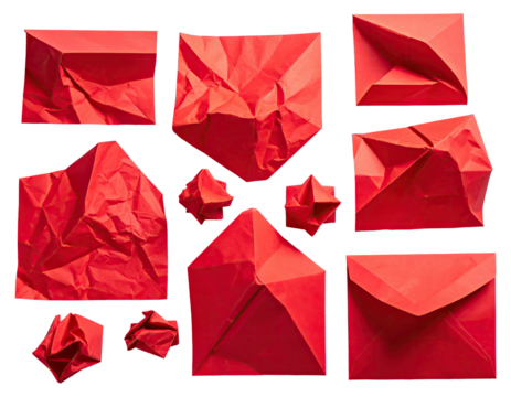 A collection of vibrant red paper folded and crumpled into diverse shapes