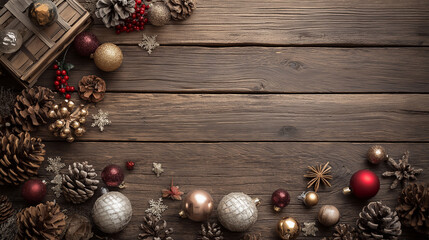 Festive Table: A heartwarming Christmas arrangement, evoking feelings of comfort, traditions and the festive season, arranged on a weathered wood table. 