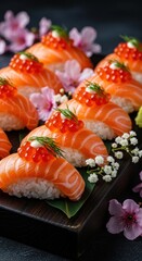 Fresh salmon sushi with vibrant toppings served on a wooden platter surrounded by flowers