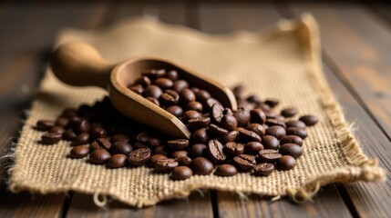 Wooden scoop overflowing with roasted coffee beans rests on burlap, showcasing rich aroma and texture