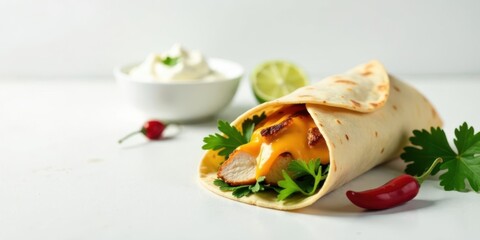 Savory Chicken Wrap with Melted Cheese, Cilantro, and a Side of Creamy Sauce