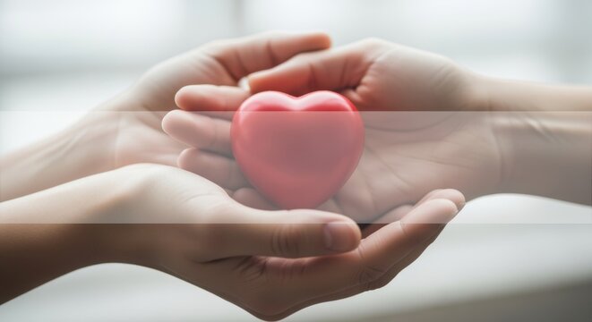 Adult and child hands holding a red heart together. Concept of love, family, charity, and donation. International Volunteers Day and healthcare support
