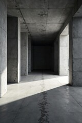 Sunlit Concrete Corridor Architectural Interior Design Featuring Modern Minimalist Aesthetics and Textured Gray Surfaces
