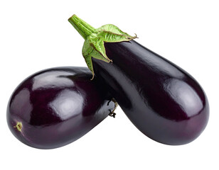 Two fresh eggplants with glossy, deep purple skin, isolated on black background