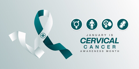 January is National Cervical Cancer Awareness Month. Ribbon, plus icon and more. Suitable for posters, banners and social media. White background.