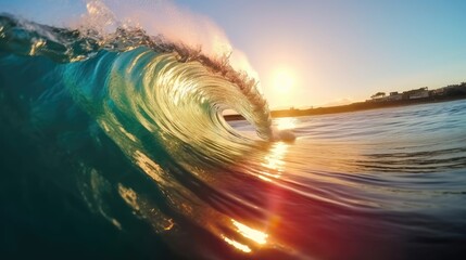beautiful rolling seawater wave with sunset view