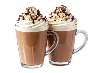 Two glass mugs brimming with creamy, chocolatey drinks, topped with whipped cream and shavings