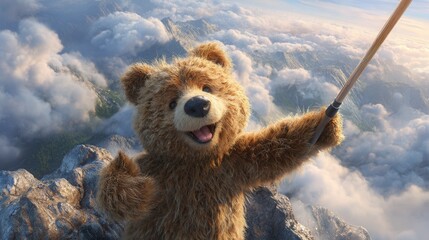 Adorable bear character takes a mountain top selfie with epic cloudy scenery, perfect for fun and adventure themed projects needing a unique touch