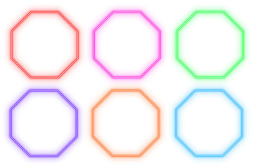Polygonal outline neon light frame, set of colorful shaped object elements isolated on white background	