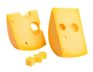 Two wedges and cubes of a yellow dairy product with characteristic holes