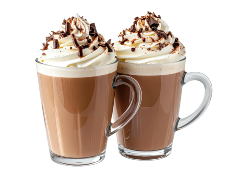 Two glass mugs brimming with creamy, chocolatey drinks, topped with whipped cream and shavings