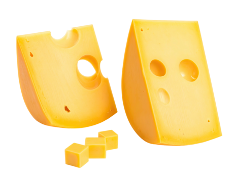 Two wedges and cubes of a yellow dairy product with characteristic holes