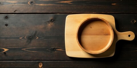 Rustic Wooden Serving Tray and Cutting Board on Dark Wood Background, Ideal for Culinary or Food Photography Projects