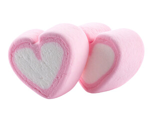 Three pink heart-shaped marshmallows, a sweet treat, with white centers