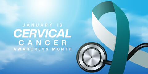 January is National Cervical Cancer Awareness Month. Ribbon, stethoscope, cloud and sun. Suitable for posters, banners and social media. Blue background.