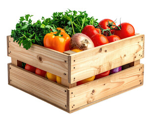 Wooden crate overflowing with colorful fresh vegetables, isolated on black