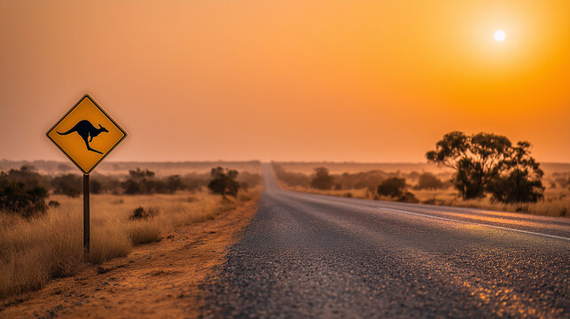 Australia outback kangaroo crossing sign rural road sunset travel adventure wilderness