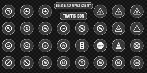 Collection of traffic icons including arrows, stop signs, speed limits, and warning signs with a liquid glass effect on a transparent background, modern transport symbols.