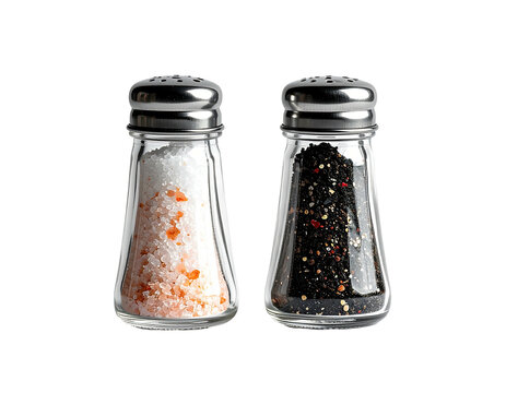 Two classic glass salt and pepper shakers on a black background, detail shot
