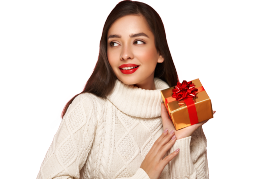 Beautiful woman in a white knitted sweater with gift box isolated on transparent background. Christmas or New Year festivities. Holiday and Party