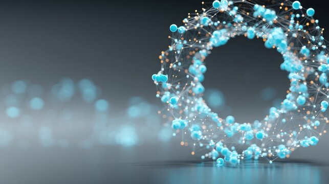 Vibrant blue molecule surrounded by a circle of smaller molecules illustrating complex scientific concepts and interactions