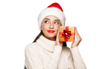 Beautiful woman in a white knitted sweater and santa hat with gift box isolated on transparent background. Christmas or New Year festivities. Holiday and Party