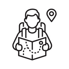 Traveler with map and backpack line icon, tourist navigation and location pin symbol.
