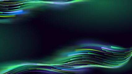 Green Glowing Dots Wave Lines Abstract Background. Futuristic Energy Flow, Digital Tech, Data Stream Design, Sustainable Renewable Energy Presentation Backdrop. Green Tech and Science Vector.