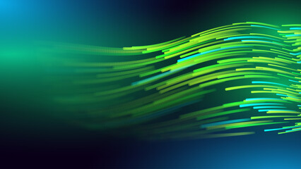 Green Glowing Dots Wave Lines Abstract Background. Futuristic Energy Flow, Digital Tech, Data Stream Design, Sustainable Renewable Energy Presentation Backdrop. Green Tech and Science Vector. © ec0de