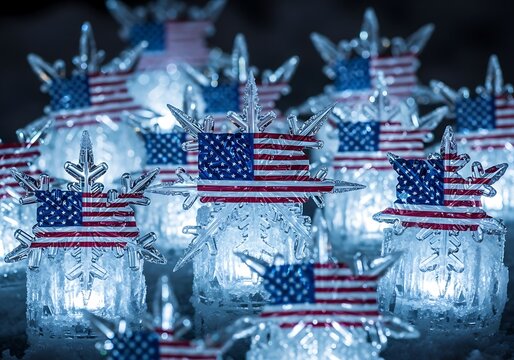 american flags on ice sculptures glowing softly in night