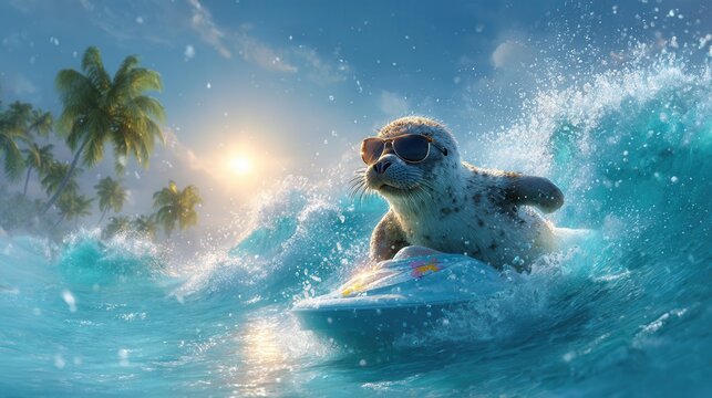 Cool seal surfing on a summer wave with sunglasses in tropical ocean paradise, a fun vibrant beach vacation for families and kids - Powered by Adobe