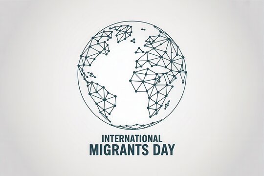 International migrants day poster with a networked globe illustration. Stylized earth with connected dots symbolizing global migration and community. Vector graphic with copy space