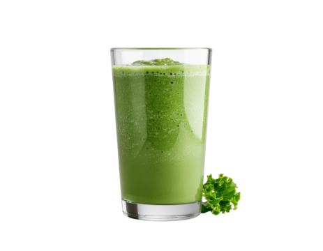 A tall clear glass filled with a vibrant green smoothie garnished with a fresh green leaf and a hint of sparkle set against a stark black background ideal for health and wellness advertising