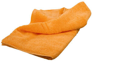Soft orange towel folded neatly to highlight fabric texture, cleanliness, and home bathroom linen concept, isolated on transparent background, PNG.