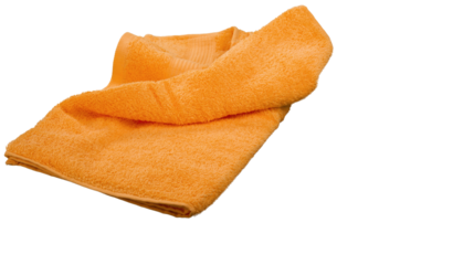 Soft orange towel folded neatly to highlight fabric texture, cleanliness, and home bathroom linen concept, isolated on transparent background, PNG.
