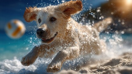 Joyful golden retriever splashing on sunny beach, chasing ball with boundless energy and playful fun during summer vacation adventure