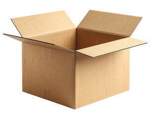 Open empty cardboard box with flaps open, isolated against a plain black background