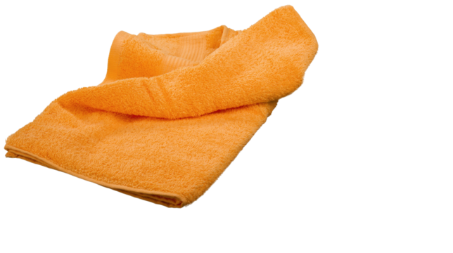Soft orange towel folded neatly to highlight fabric texture, cleanliness, and home bathroom linen concept, isolated on transparent background, PNG.