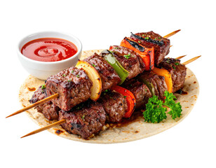 Grilled meat and vegetable skewers served with a red sauce and tortilla