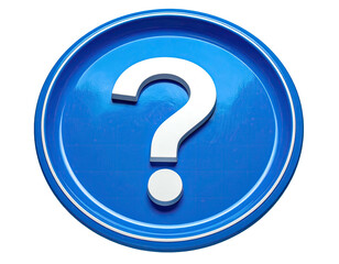 A glossy blue button with a white question mark in the center, on a black background