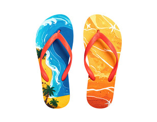 A pair of flip-flops, each showcasing a vibrant beach scene, isolated on black