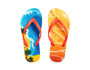 A pair of flip-flops, each showcasing a vibrant beach scene, isolated on black