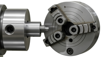 Precision Machining Metal Part Secured In Lathe Chuck With Rotating Spindle Isolated On Transparent Background