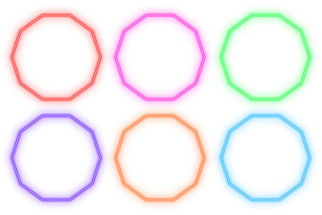 Circle polygonal outline neon light frame, set of colorful shaped object elements isolated on white background	
